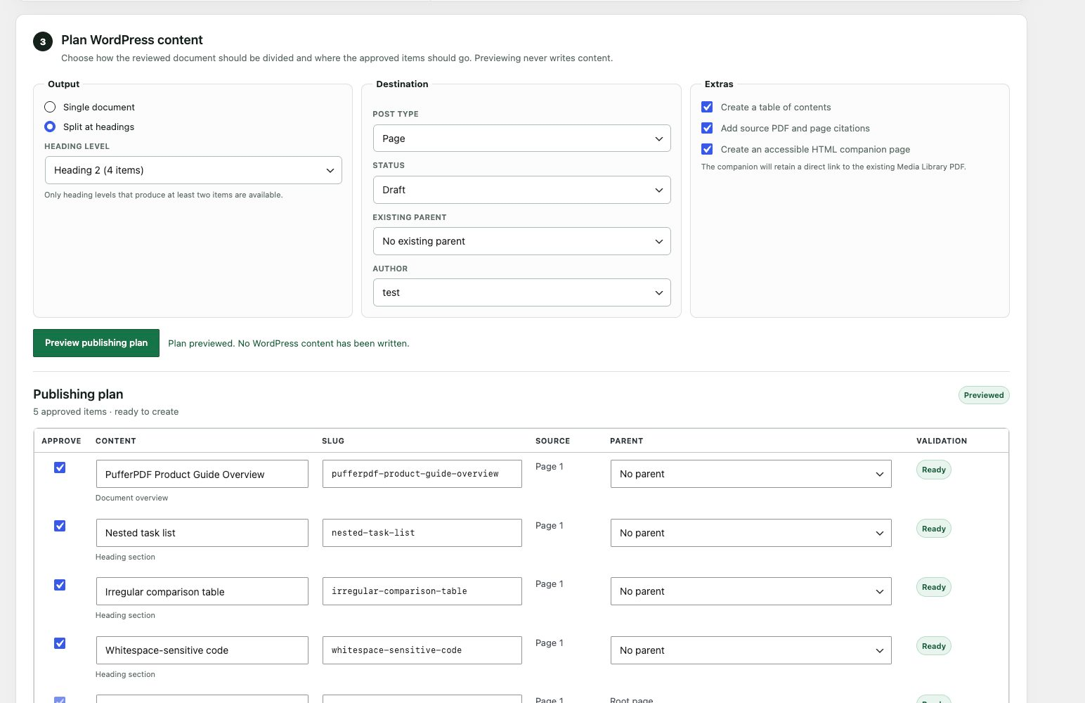 Preview a validated publishing plan with heading splits, destinations, citations, and an optional accessible companion.