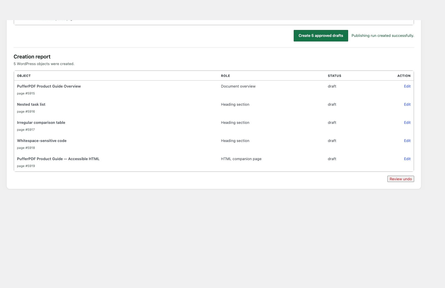 Review every created draft and safely undo an unchanged publishing run without removing the source PDF.
