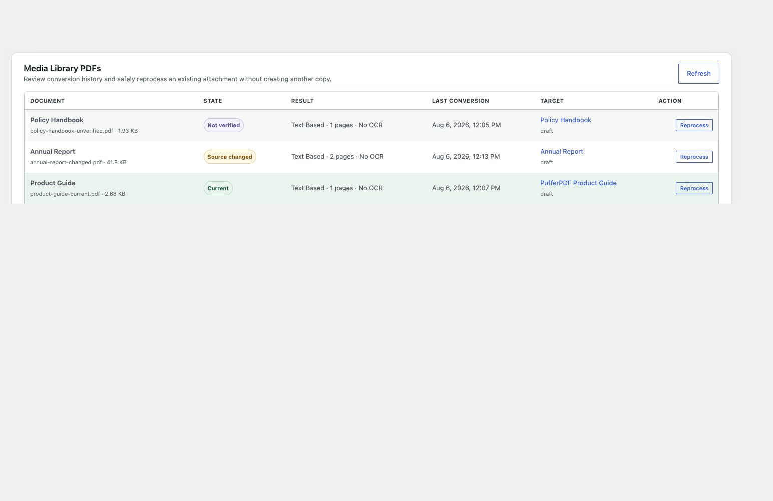 Track Media Library conversions and safely reprocess only verified, unchanged sources.