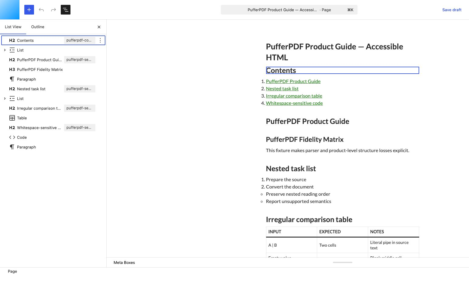 Edit the generated document as native Gutenberg blocks with source citations and the original PDF retained.