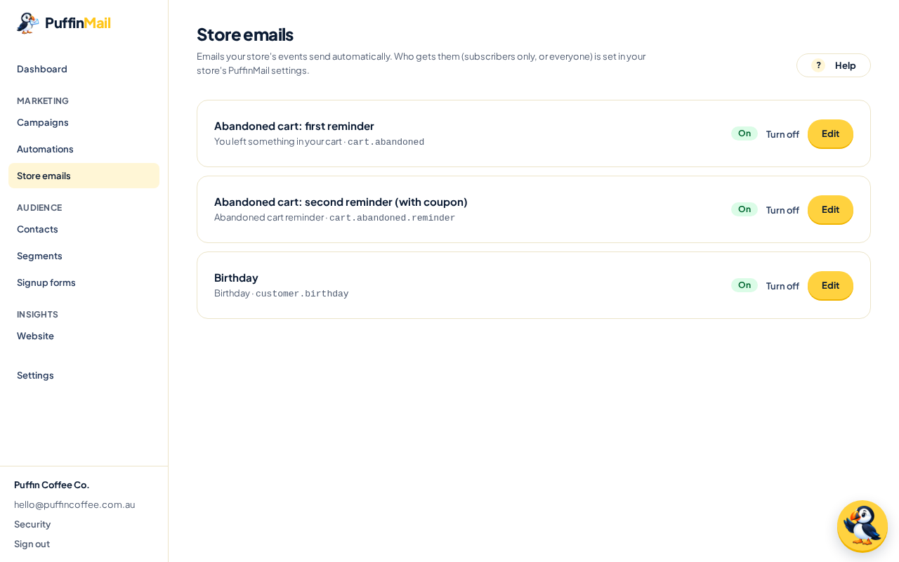 In PuffinMail: the emails your store's events send, each with an on/off switch.