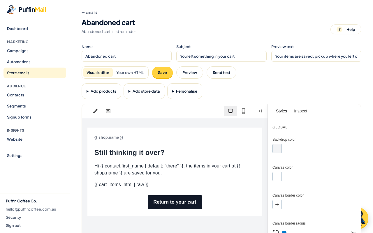 Edit each email in PuffinMail's visual editor.