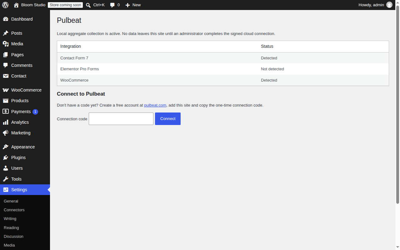 Settings → Pulbeat in WordPress: detected integrations and connecting the site with a one-time code.