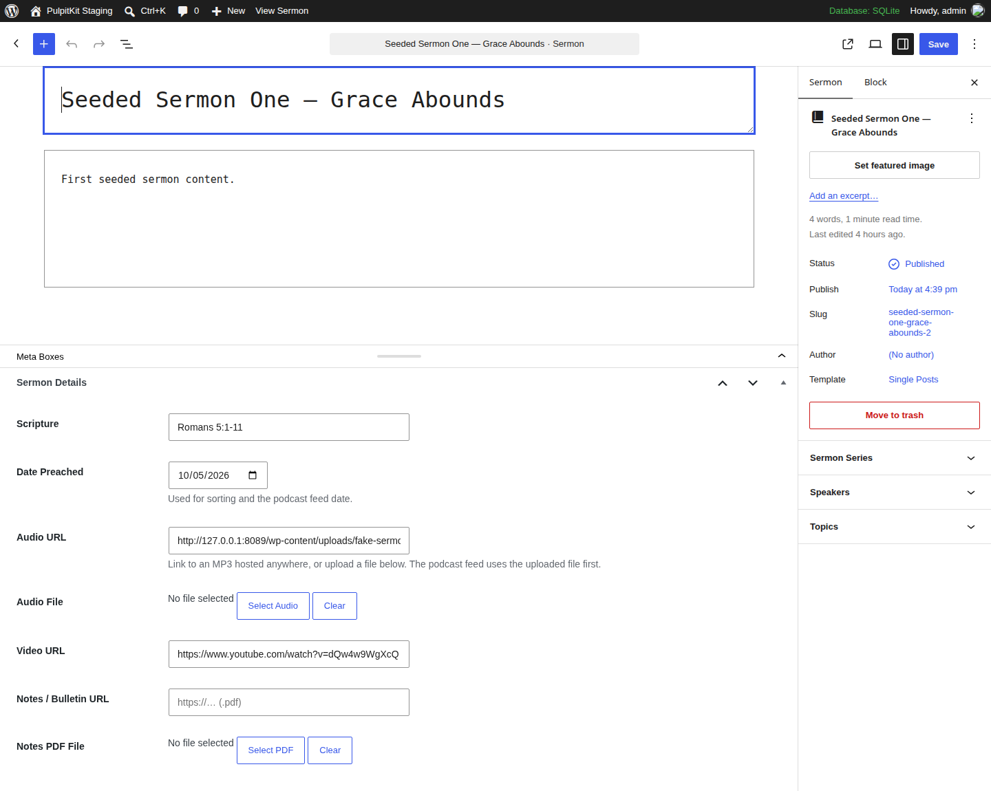 Adding a sermon: the Sermon Details box holds scripture, date preached, audio, video, and a notes file — everything a sermon needs, in one place.