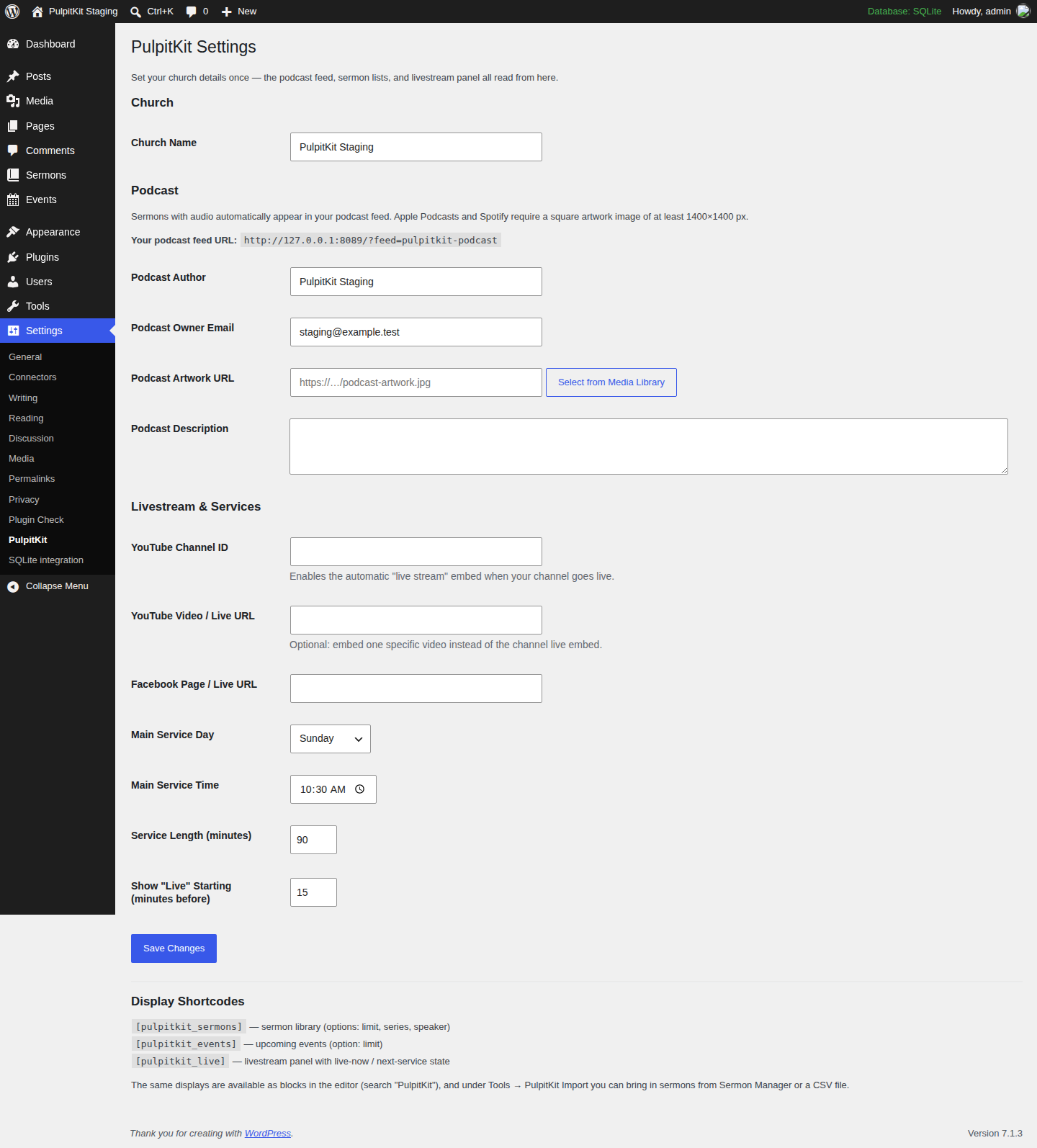 Podcast and livestream settings — feed author and artwork, YouTube and Facebook live links, and your weekly service time, all on one screen.