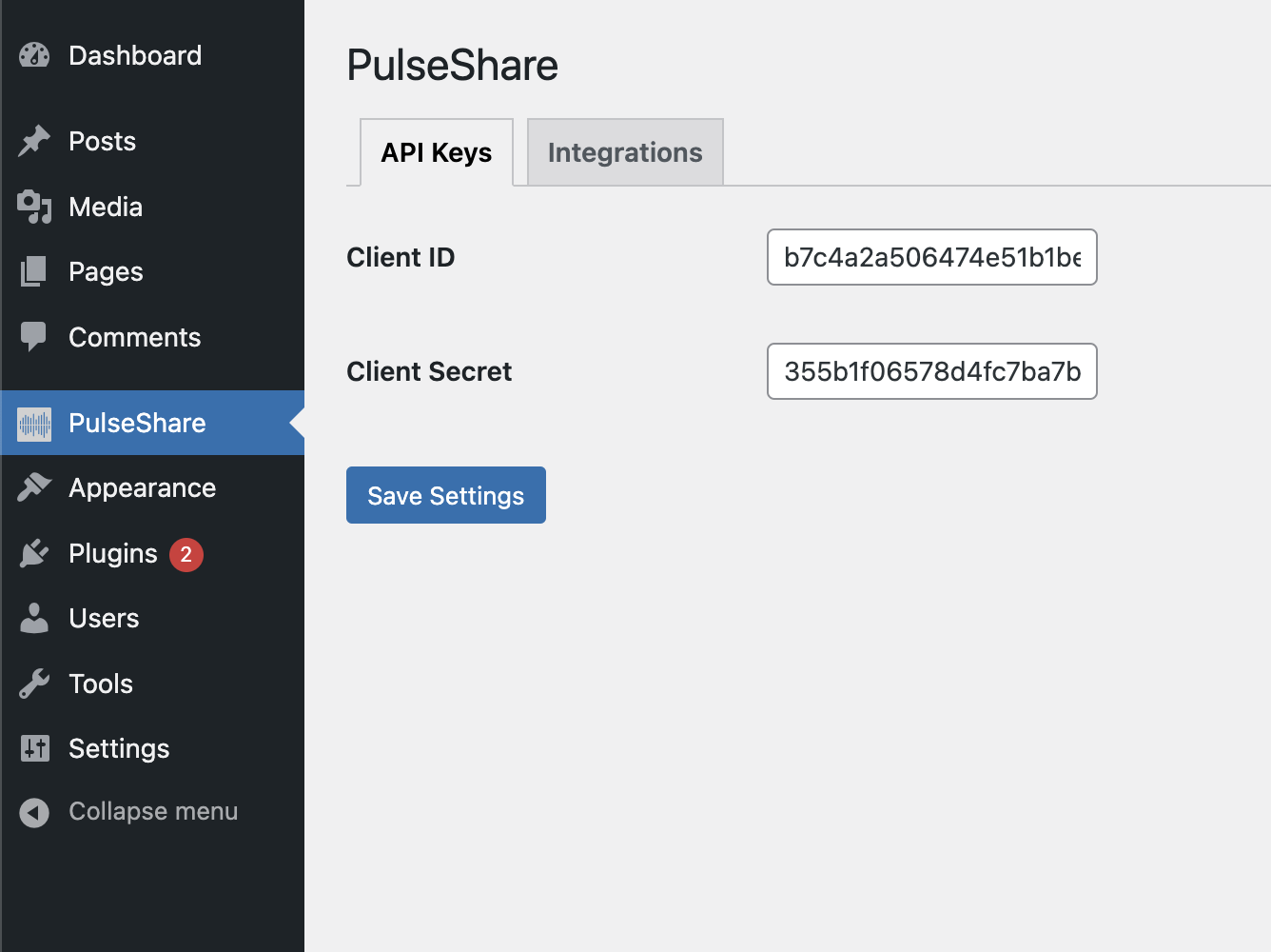 PulseShare Settings Page - Here you can add your Spotify Client ID and Client Secret.