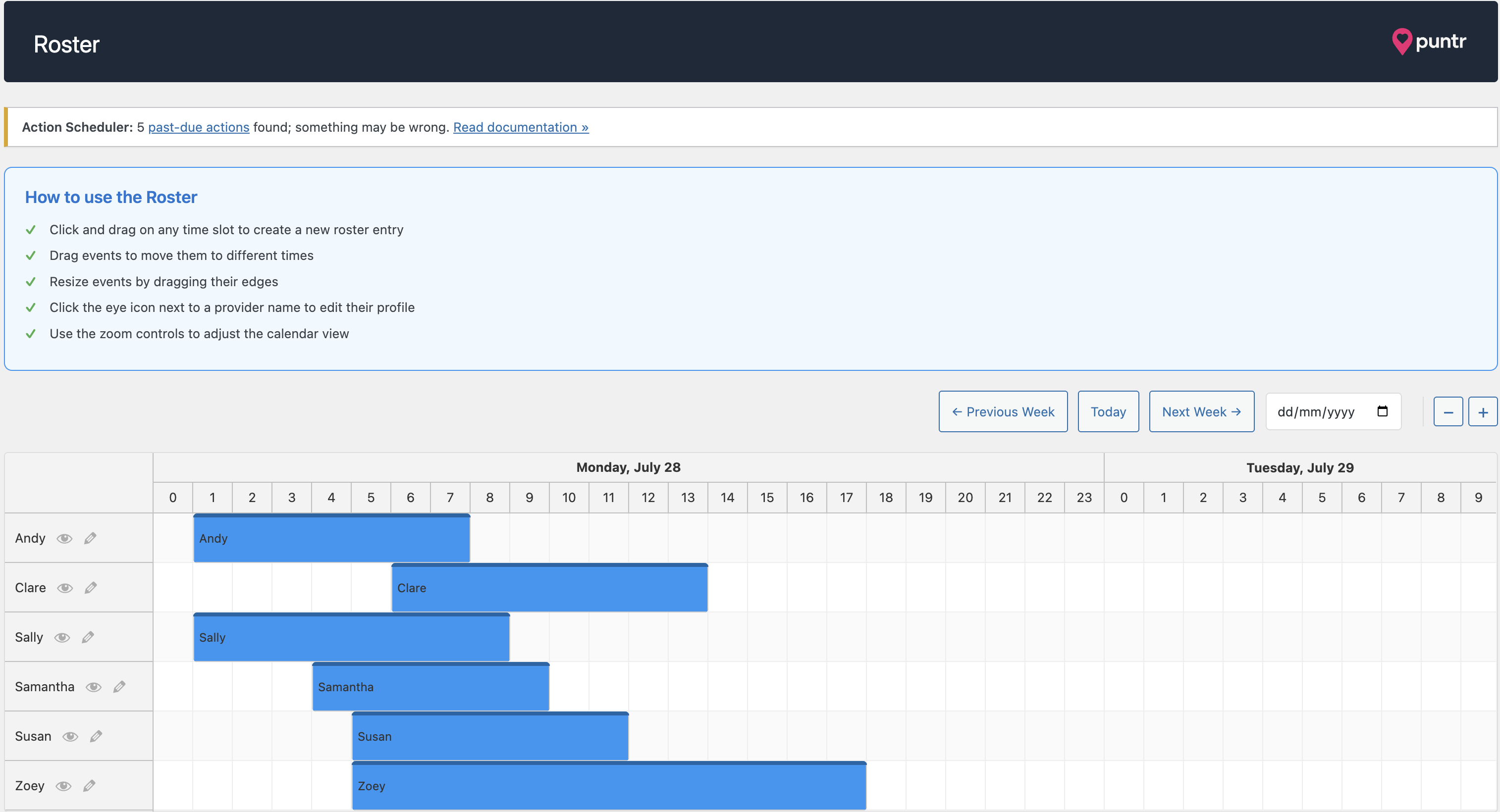 Roster admin interface with provider scheduling