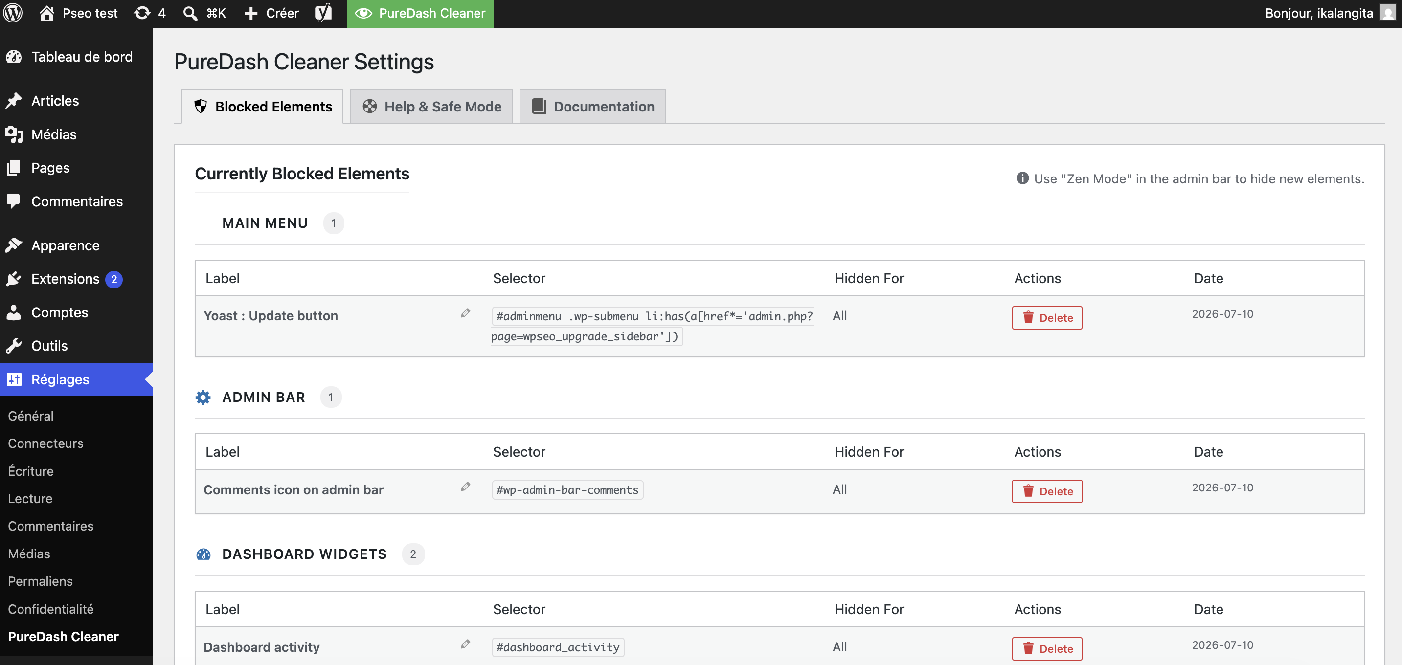 The PureDash Cleaner settings page showing blocked elements, grouped by category (Main Menu, Admin Bar, Dashboard Widgets, Admin Notices, Miscellaneous).