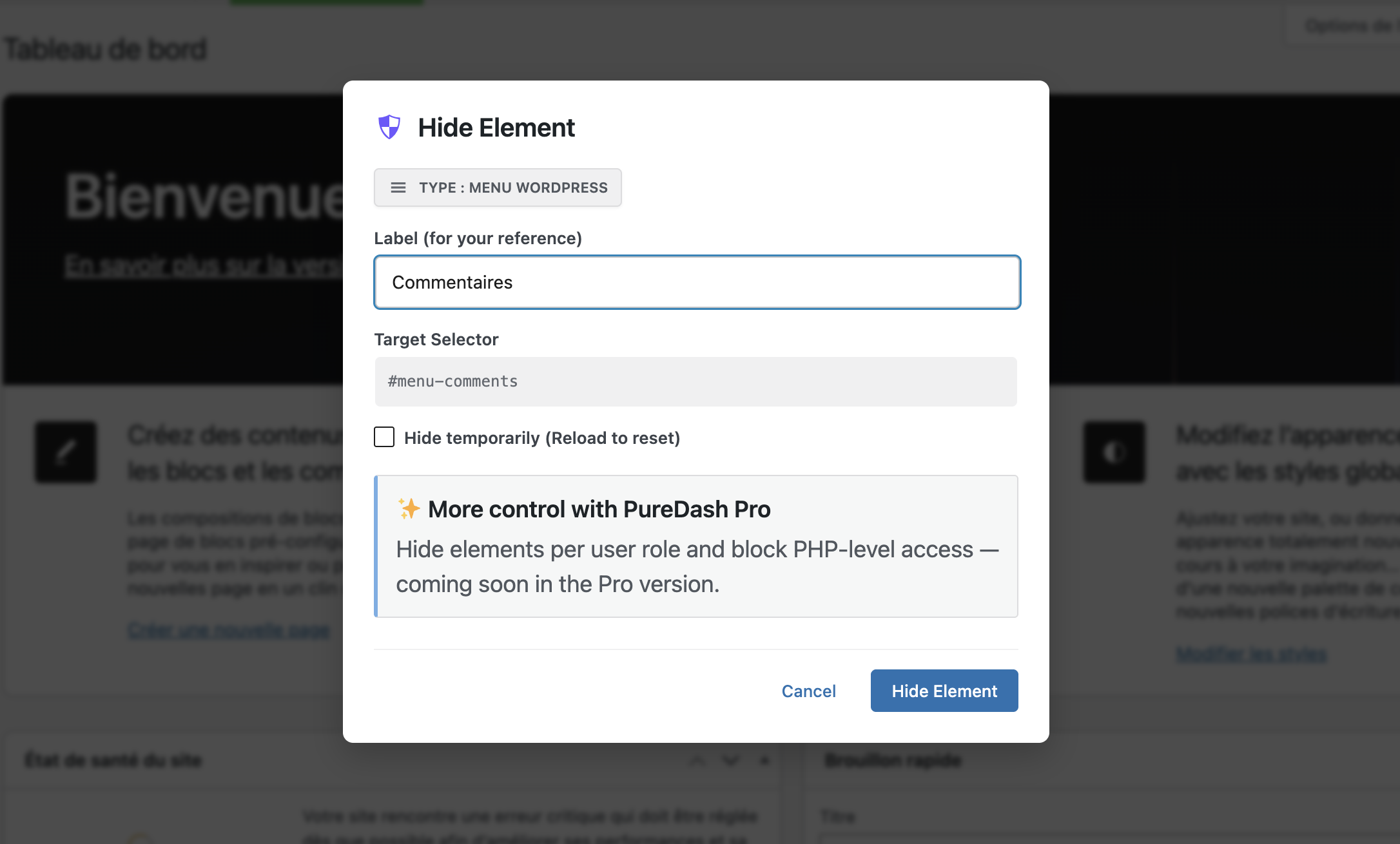 The "Hide Element" dialog, where you can optionally label an element before confirming.
