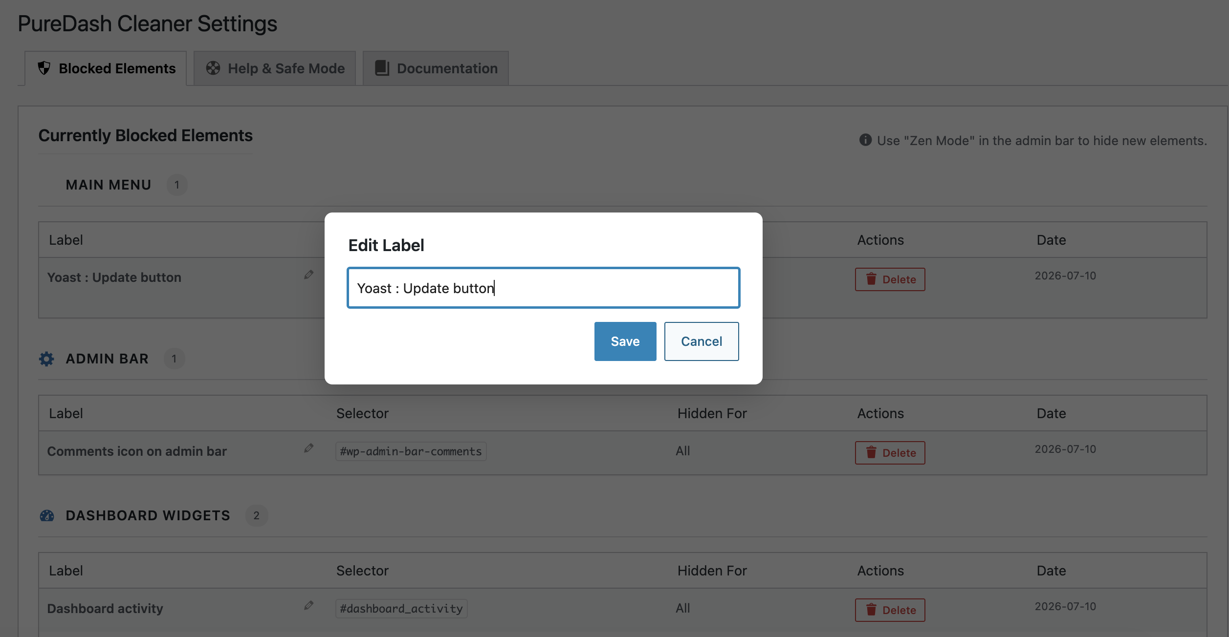 Editing or deleting a blocked element directly from the Blocked Elements list.