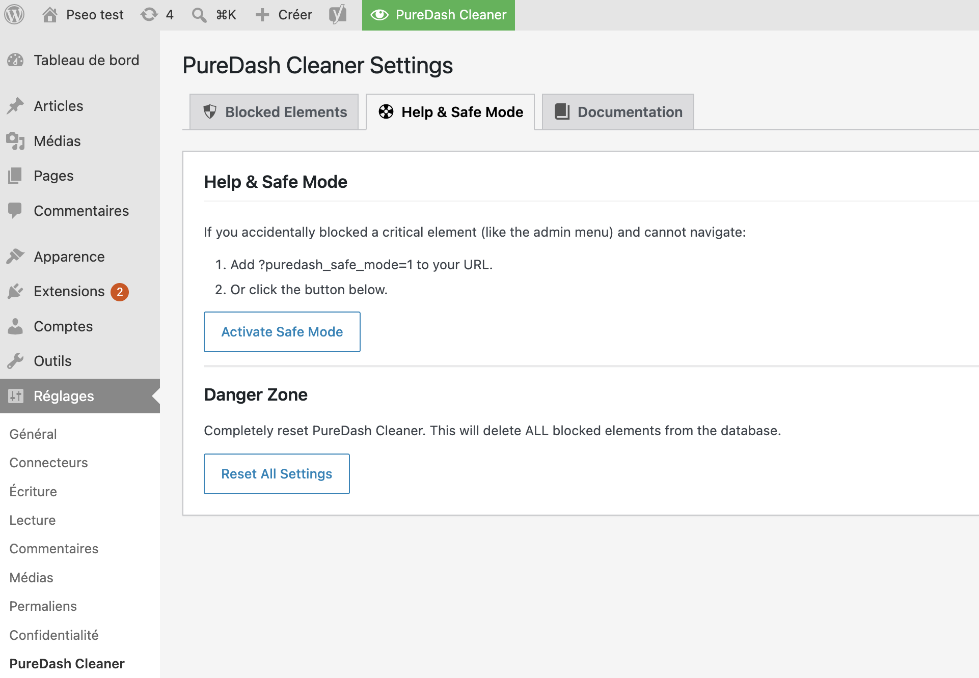The Safe Mode recovery option, accessible from Settings > PureDash Cleaner > Help & Safe Mode.