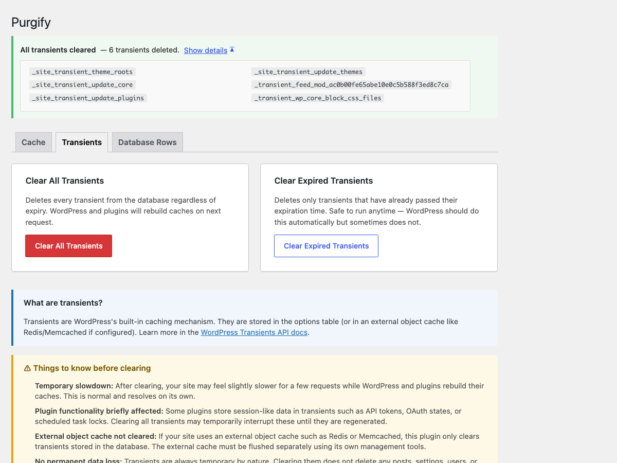 Transient purge: clear all or only expired transients, and see every key that was deleted.