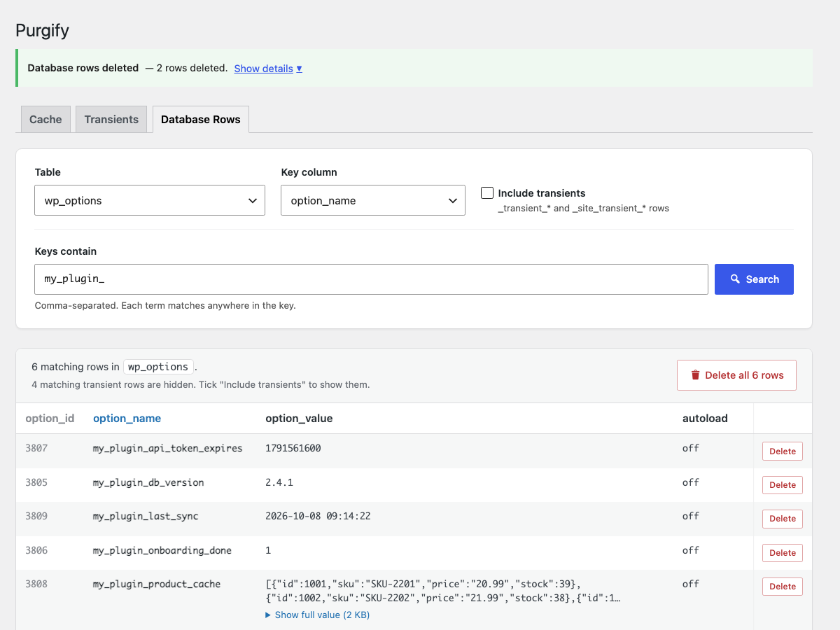 Database purge: search a table by key, review the matching rows, and delete them one by one or all at once.