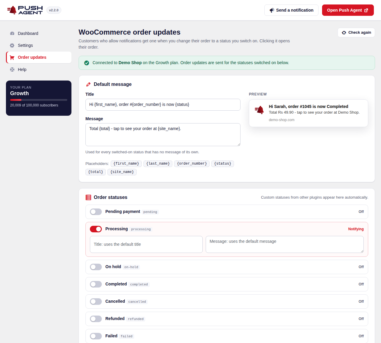 WooCommerce order updates: your own message for every order status, with a live preview.