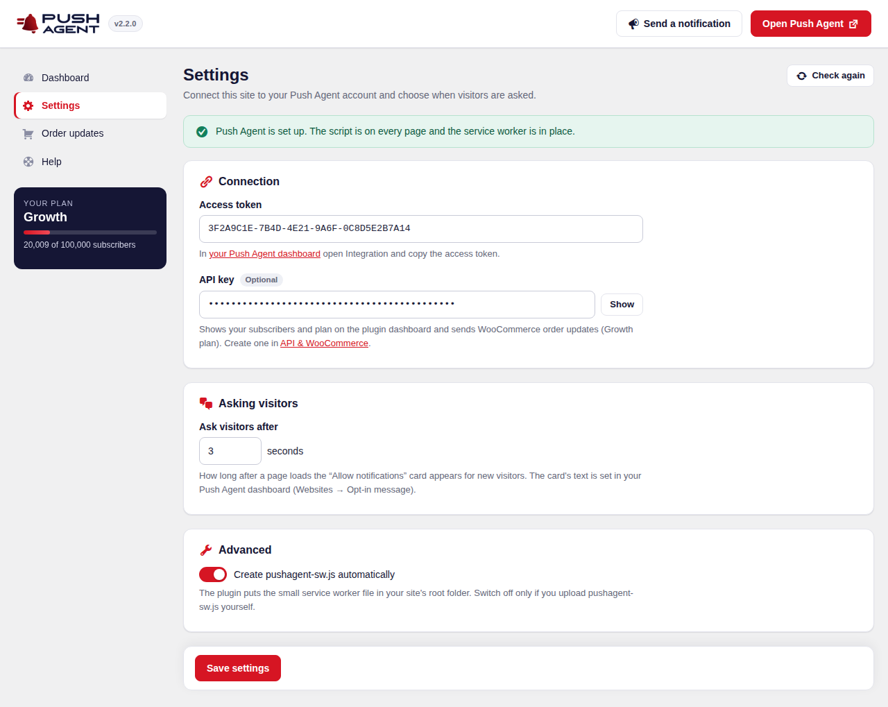Settings: connect your site with your access token and choose when visitors are asked.