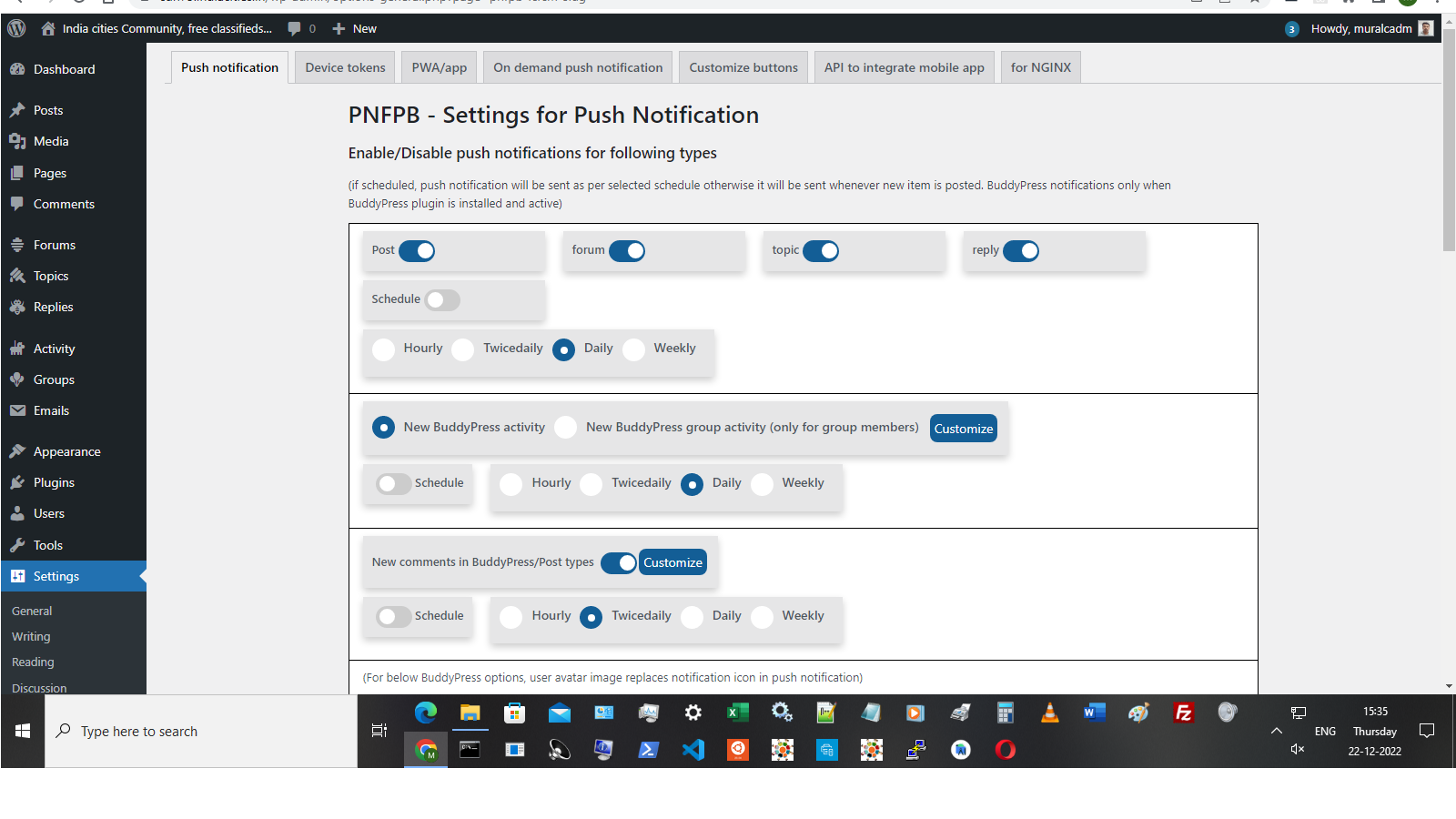 Plugin settings for push notification in admin area