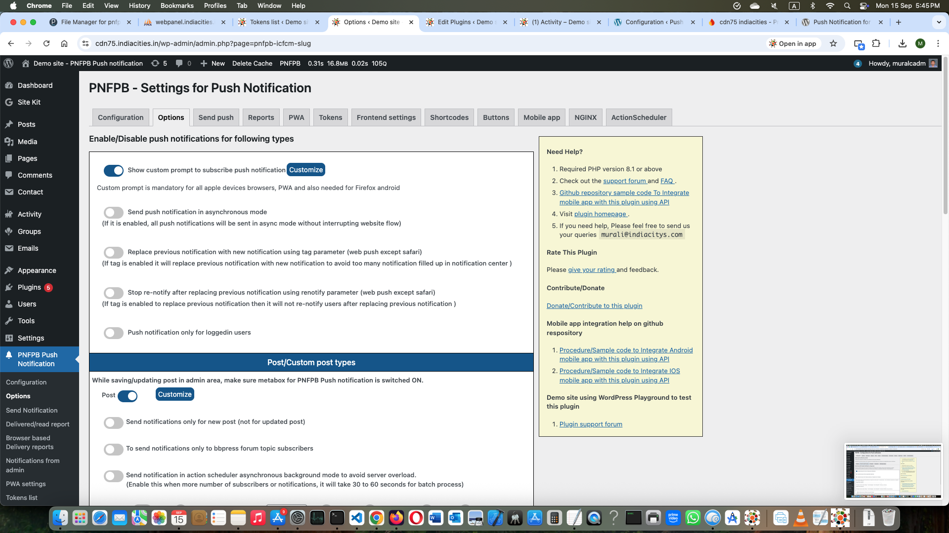 Plugin settings for push notification in admin area