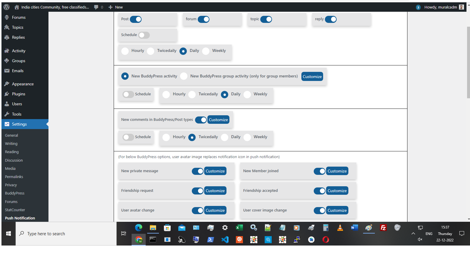 Plugin settings for push notification with BuddyPress options in admin area