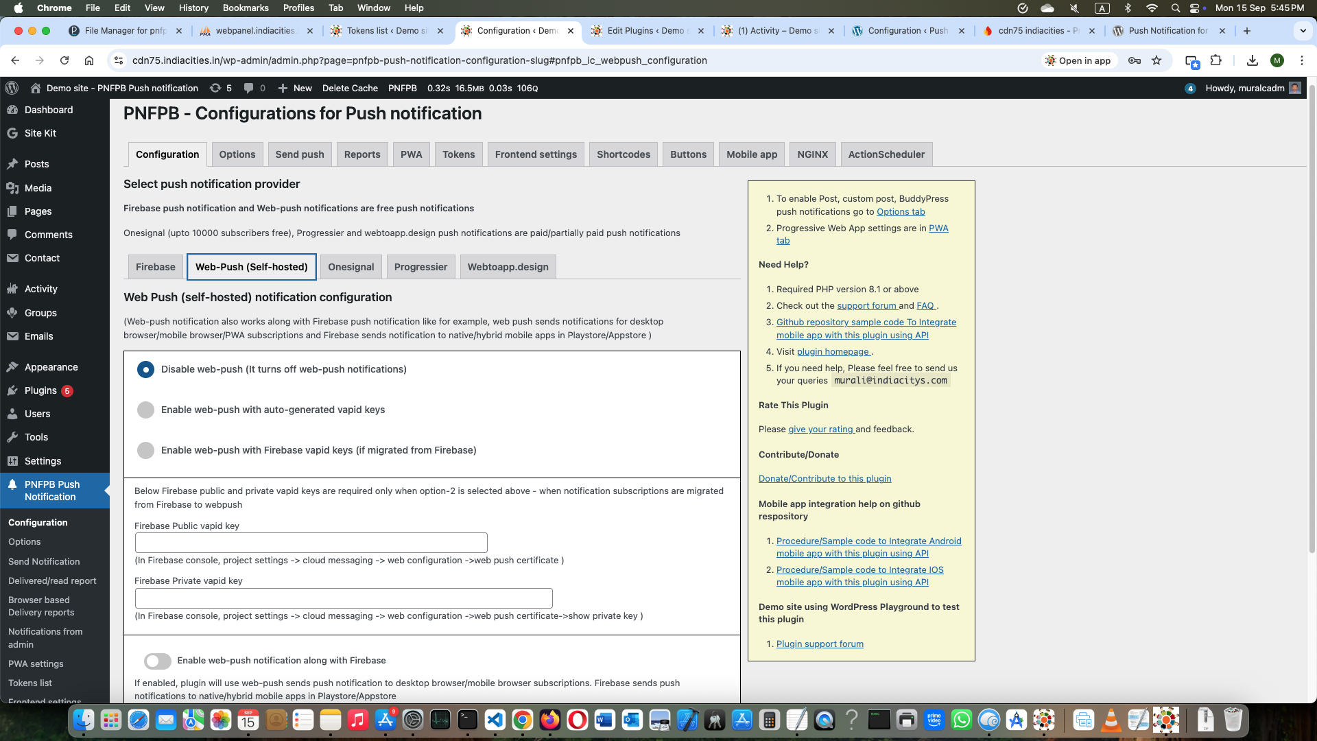 Plugin settings for push notification with BuddyPress options in admin area