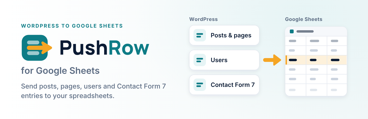 Pushrow — WordPress to Google Sheets Sync (WooCommerce, CF7, Forms & More) banner