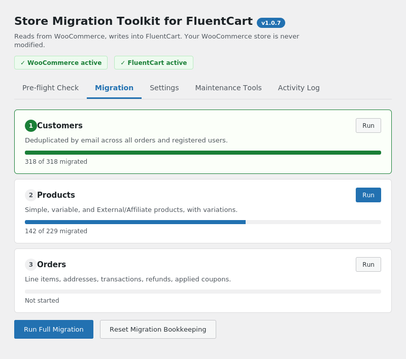 Pre-flight Check tab, showing a read-only scan of WooCommerce data before migrating.
