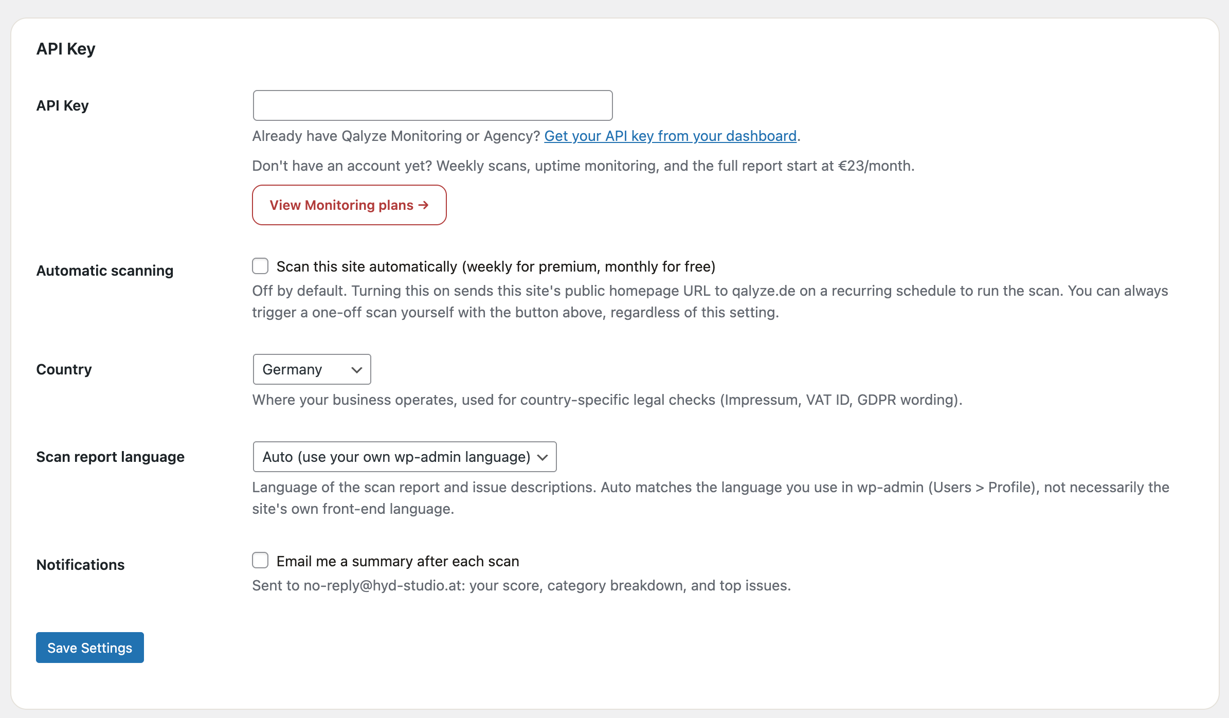 Settings page with full scan results and API key entry.