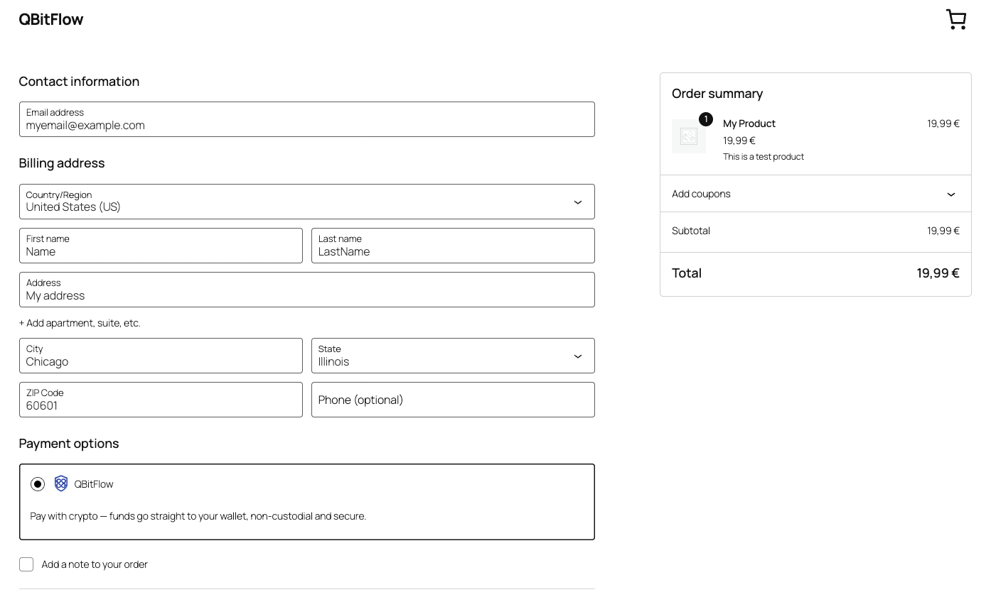 Customers select QBitFlow as the payment method at checkout
