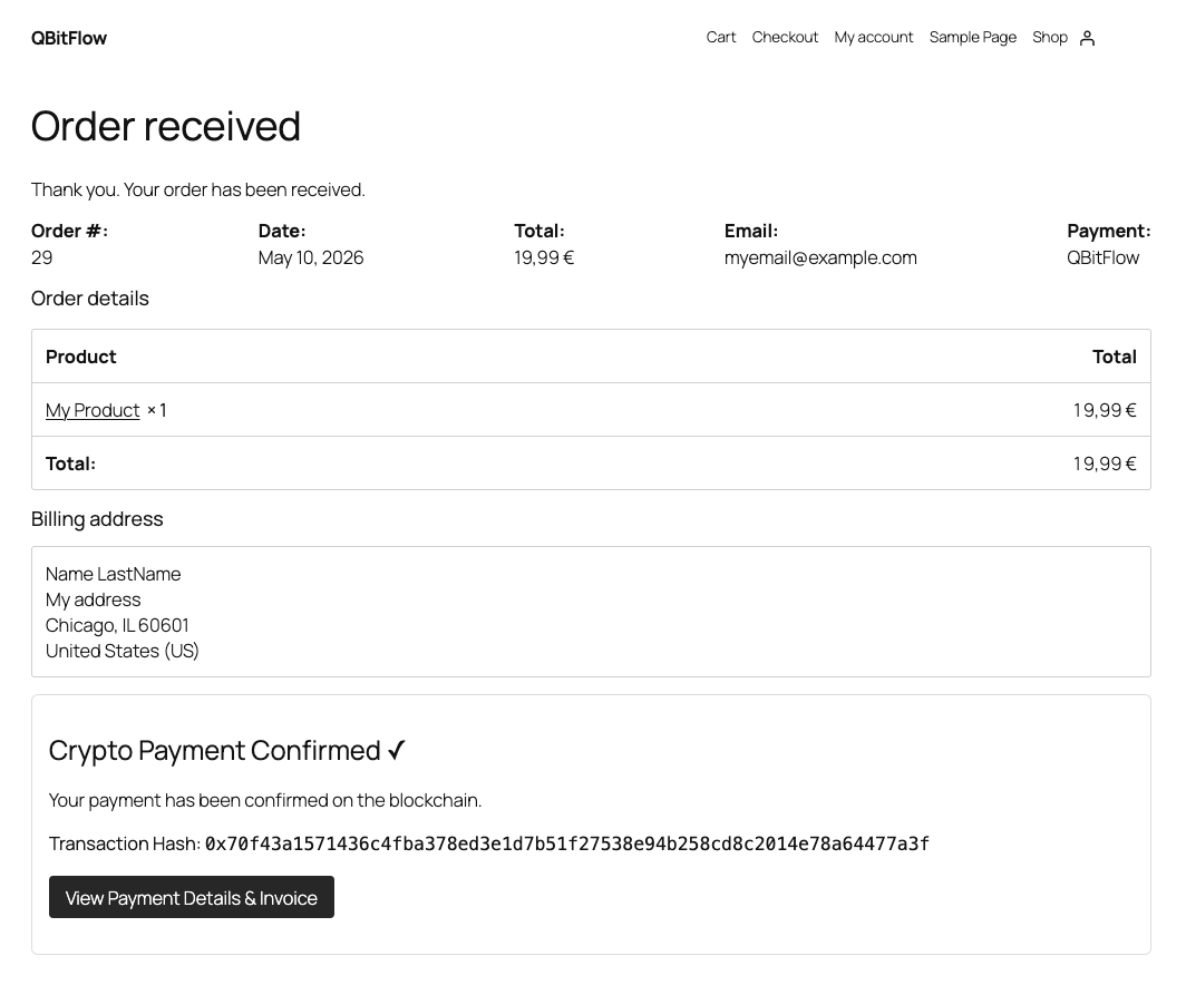 Order received page after a successful crypto payment