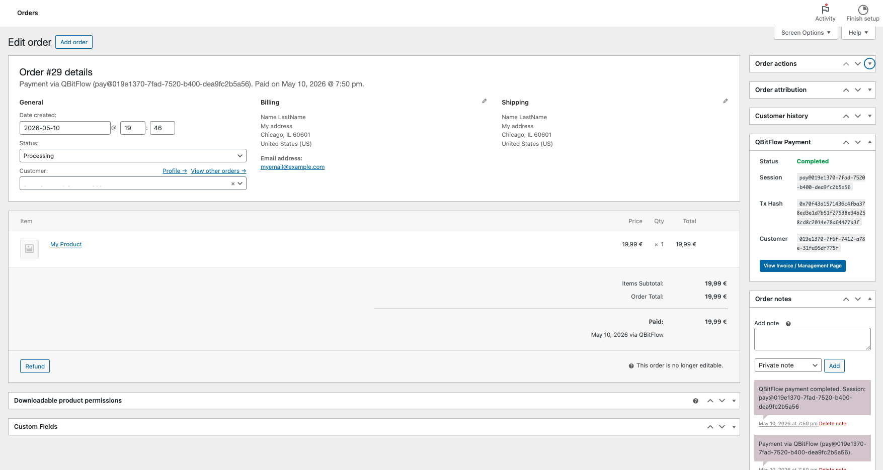 Admin order view with the QBitFlow payment block (status, tx hash, customer, invoice link)