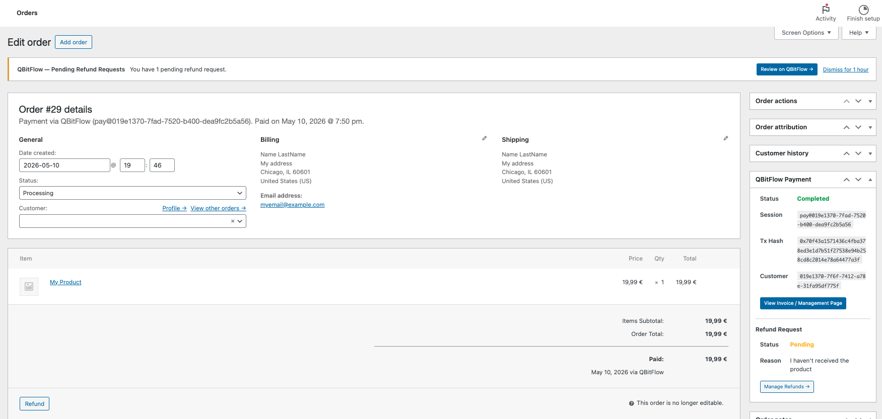 Pending refund request shown directly in the order meta box
