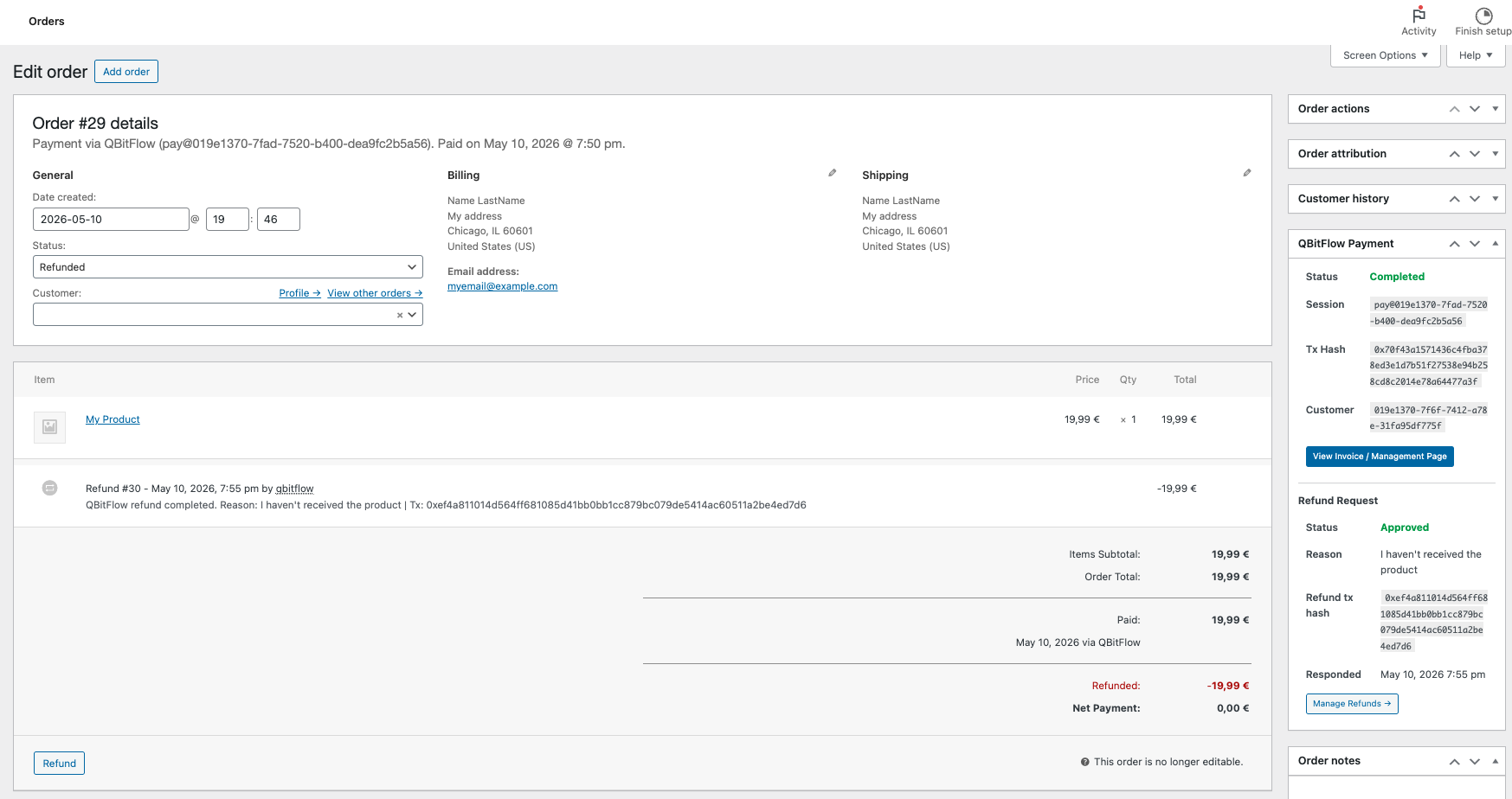Once the refund is approved and settled on-chain, one click syncs the order to Refunded