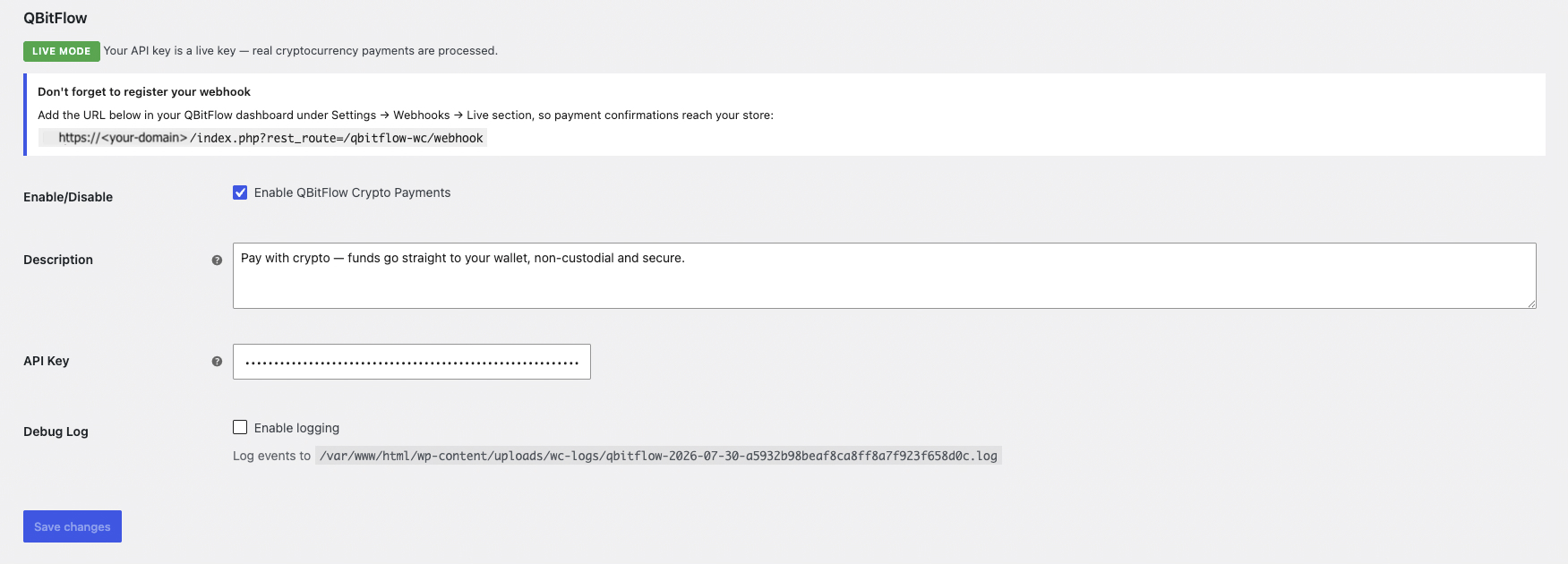 Plugin settings (API key, debug logging) under WooCommerce → Settings → Payments