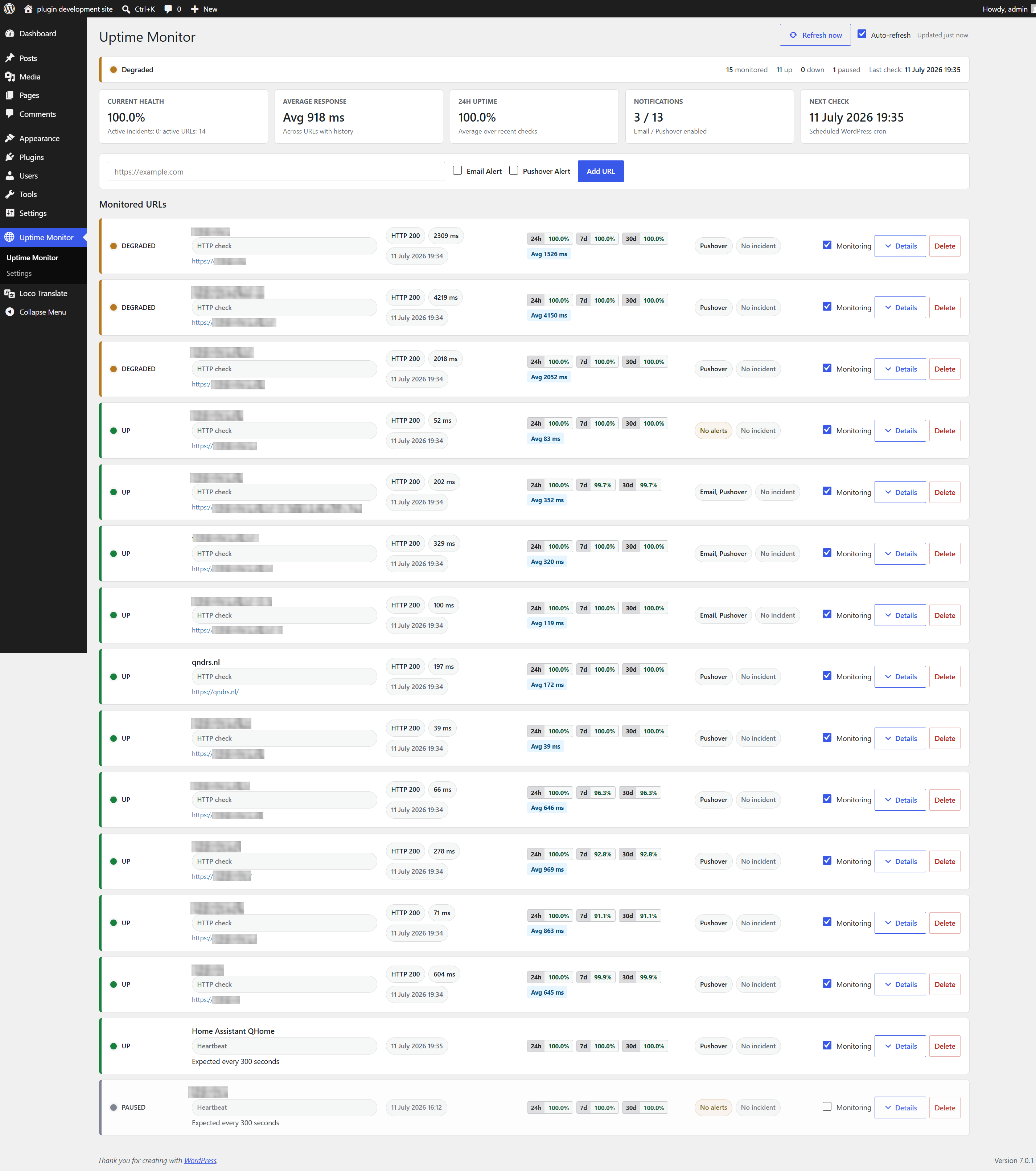 Availability overview with uptime checks and heartbeat monitor status.