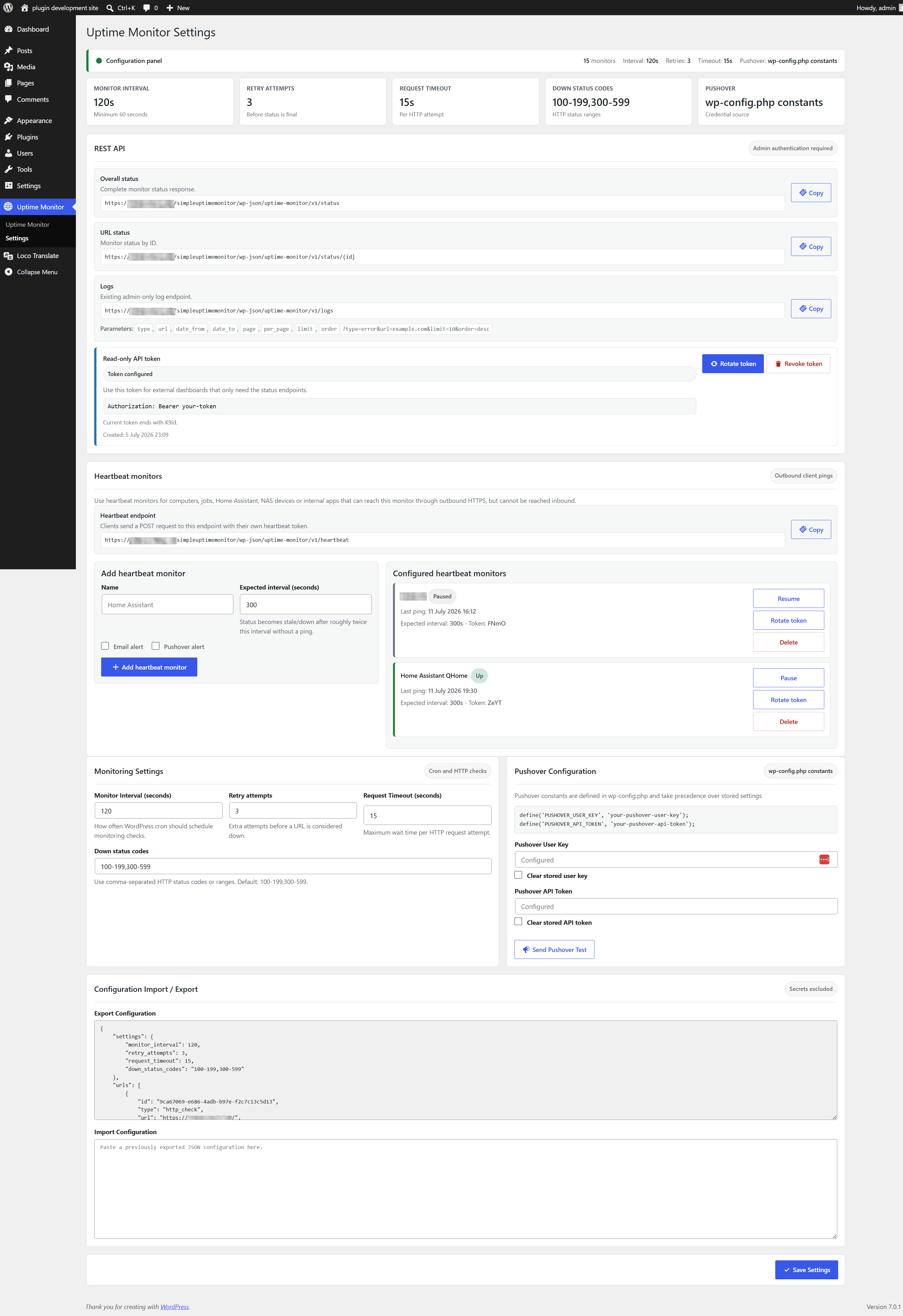 Settings page with REST endpoints, heartbeat monitor setup, notifications and import/export.
