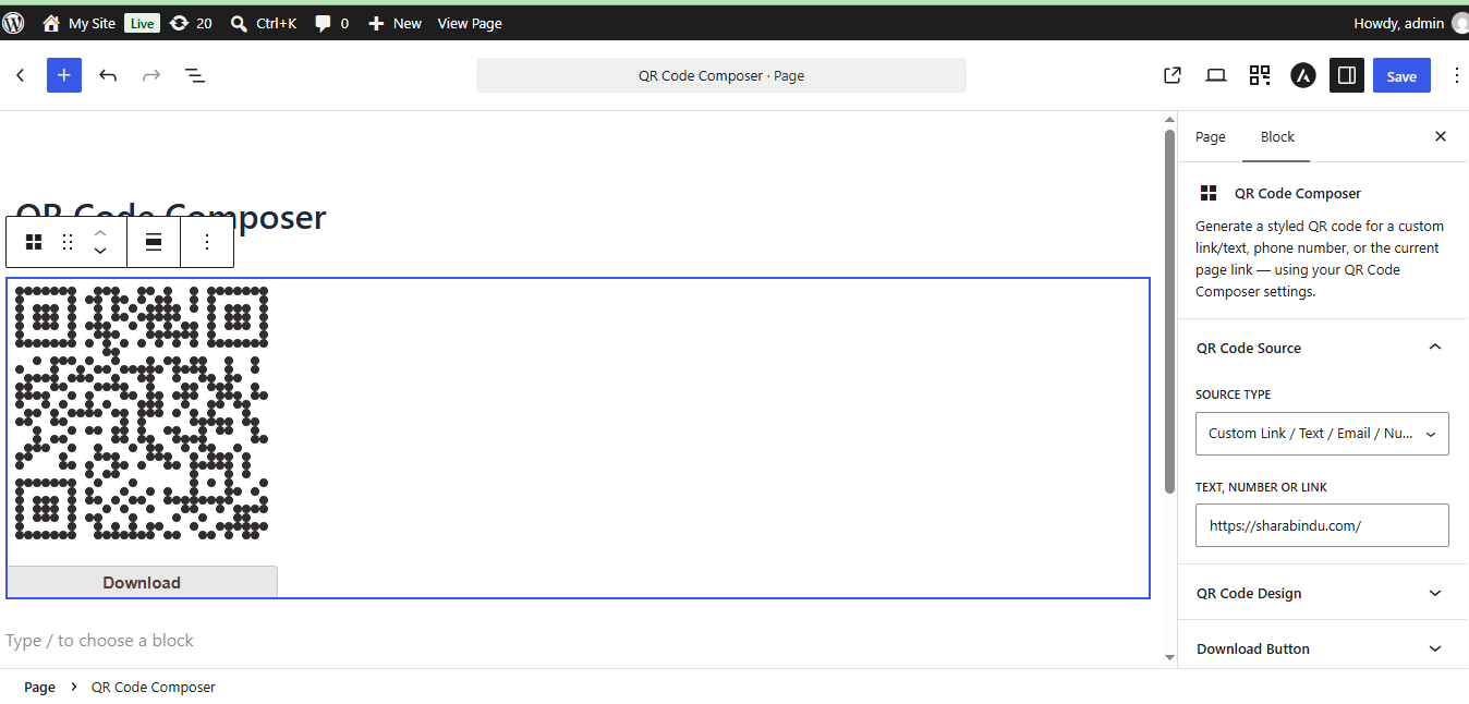 QR Code Gutenberg block in the block editor