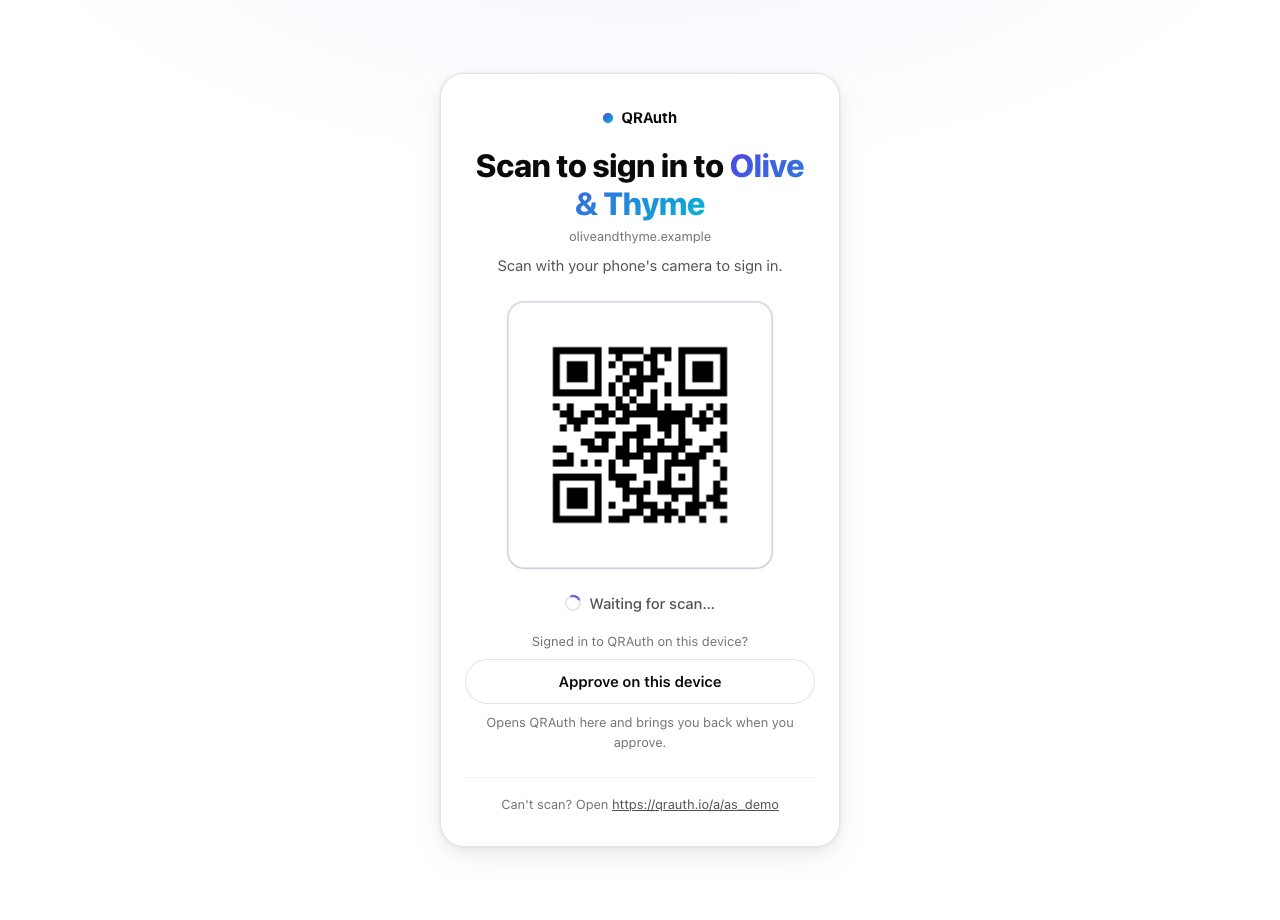 QRAuth's sign-in page on a computer: visitors scan the code with their phone's camera.