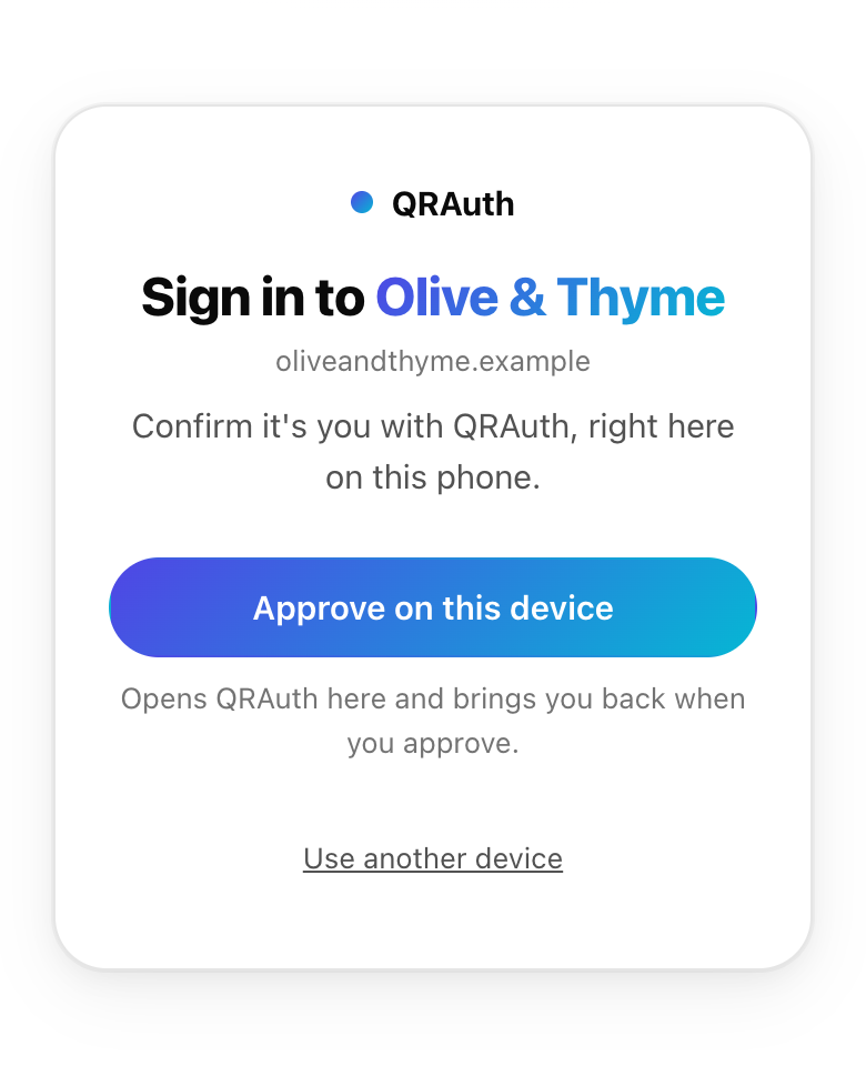 The same page on a phone: no code to scan, visitors confirm right there and come back signed in.