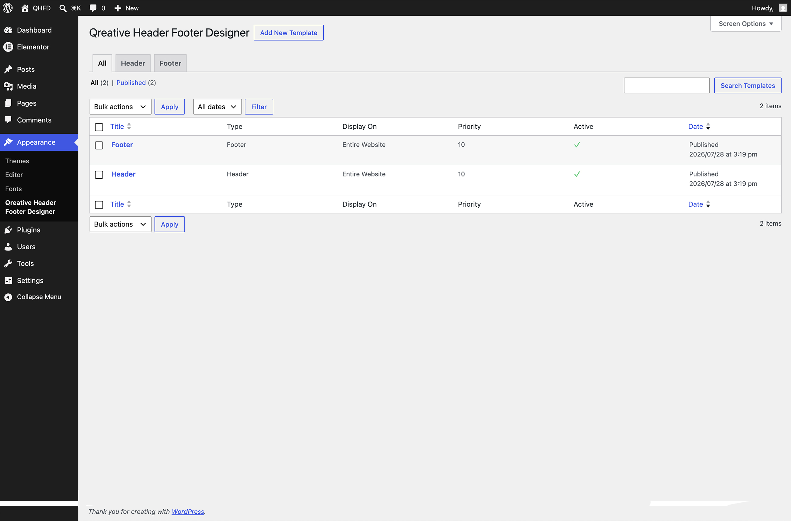 Qreative Header Footer Designer