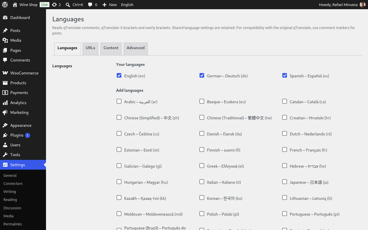 Settings → Languages, the Languages tab with the language list.