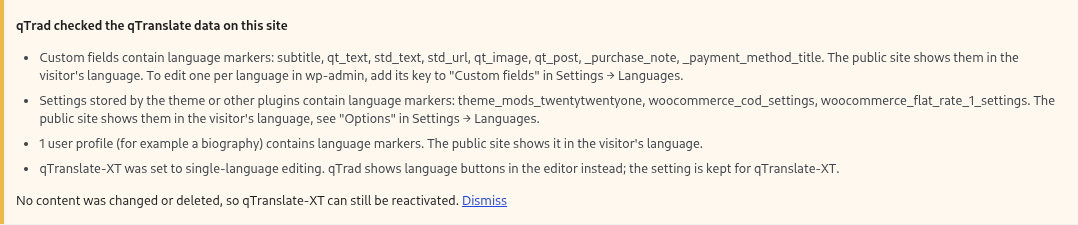 After a switch from qTranslate-XT, administrators see what qTrad found and which settings it turned on.