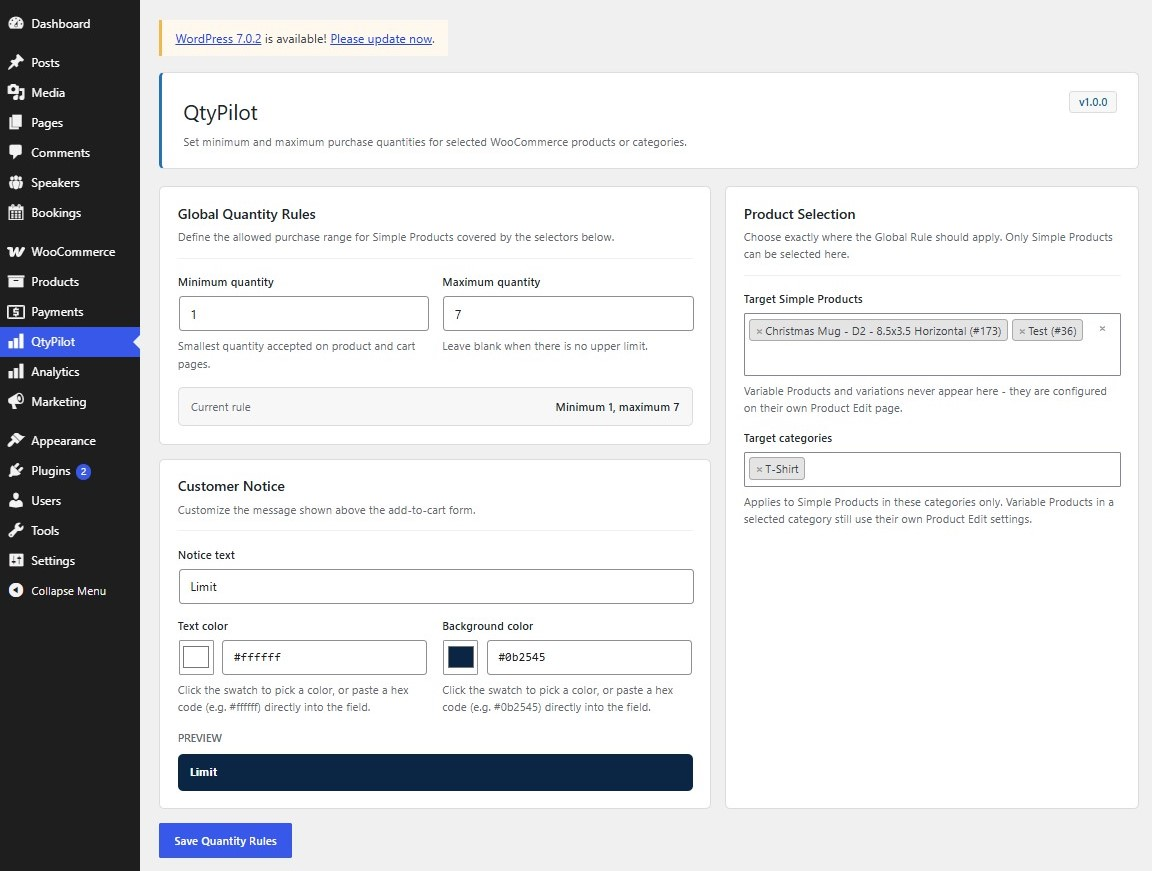 Global quantity rules and Simple Product/category selectors on the QtyPilot settings screen.