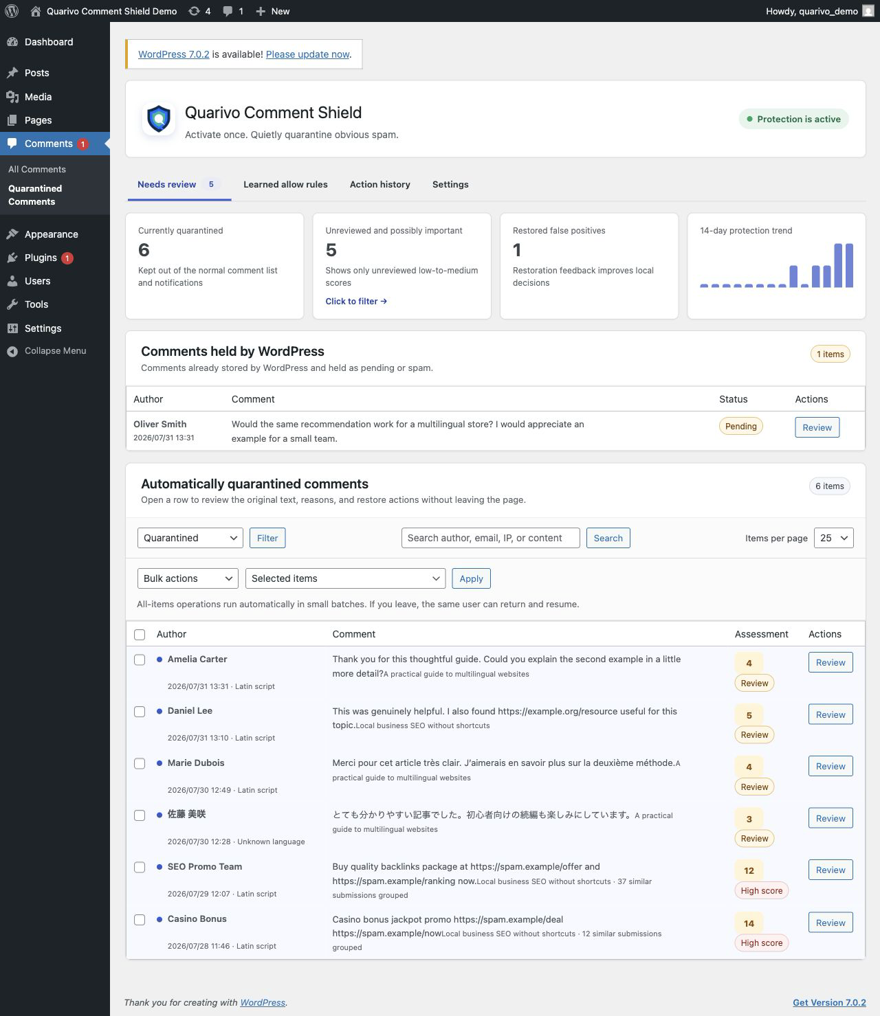 Priority review inbox with WordPress-stored candidates at the top.