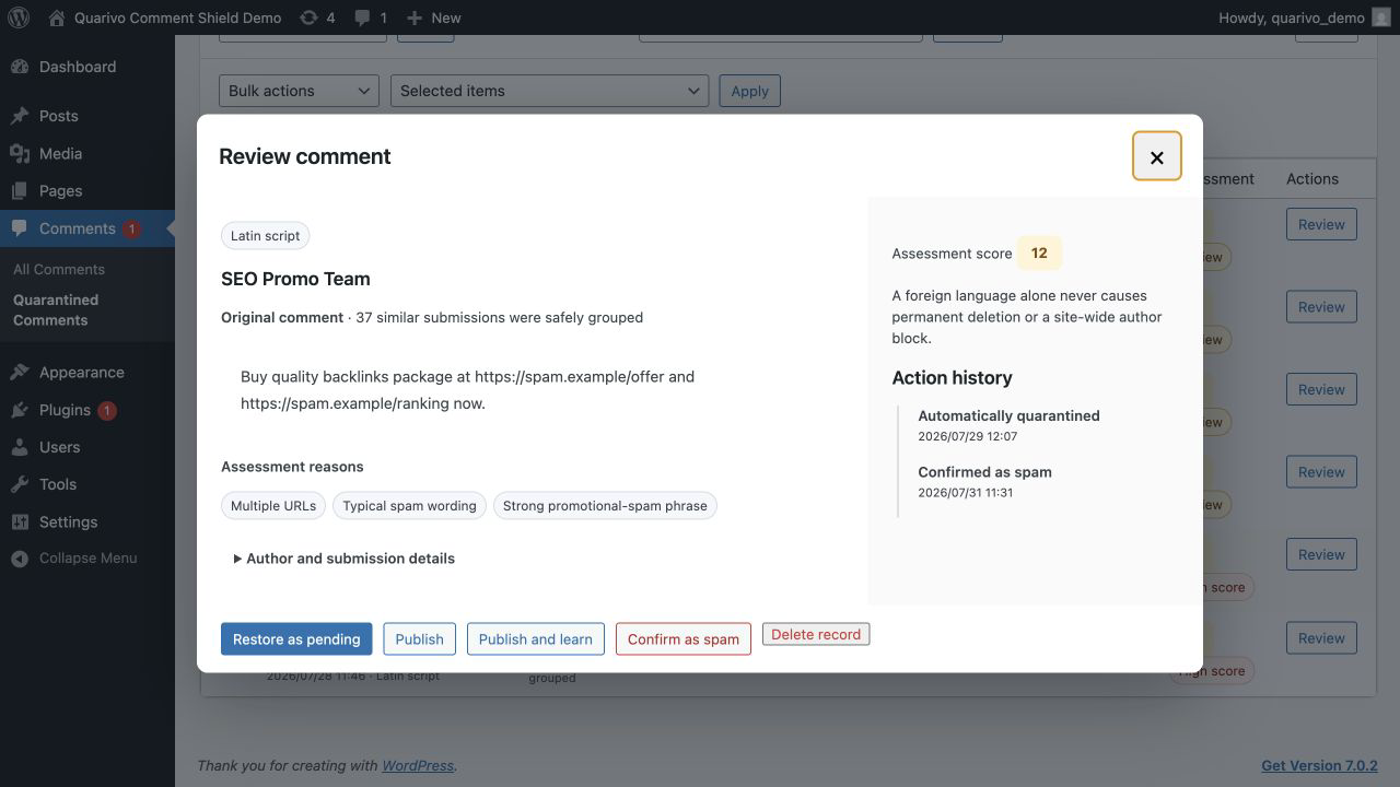 Full comment review modal with reasons, details, history, and restore actions.