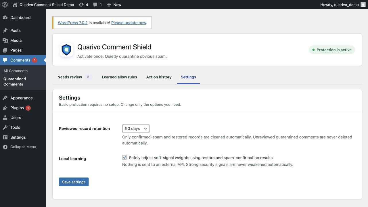Privacy-aware retention settings and conservative local learning controls.