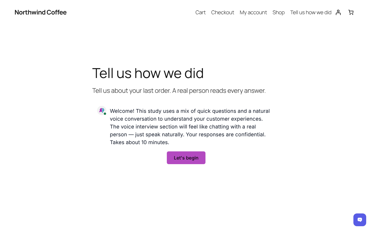 An AI interview in a page, added with the QuestionPunk Survey block.