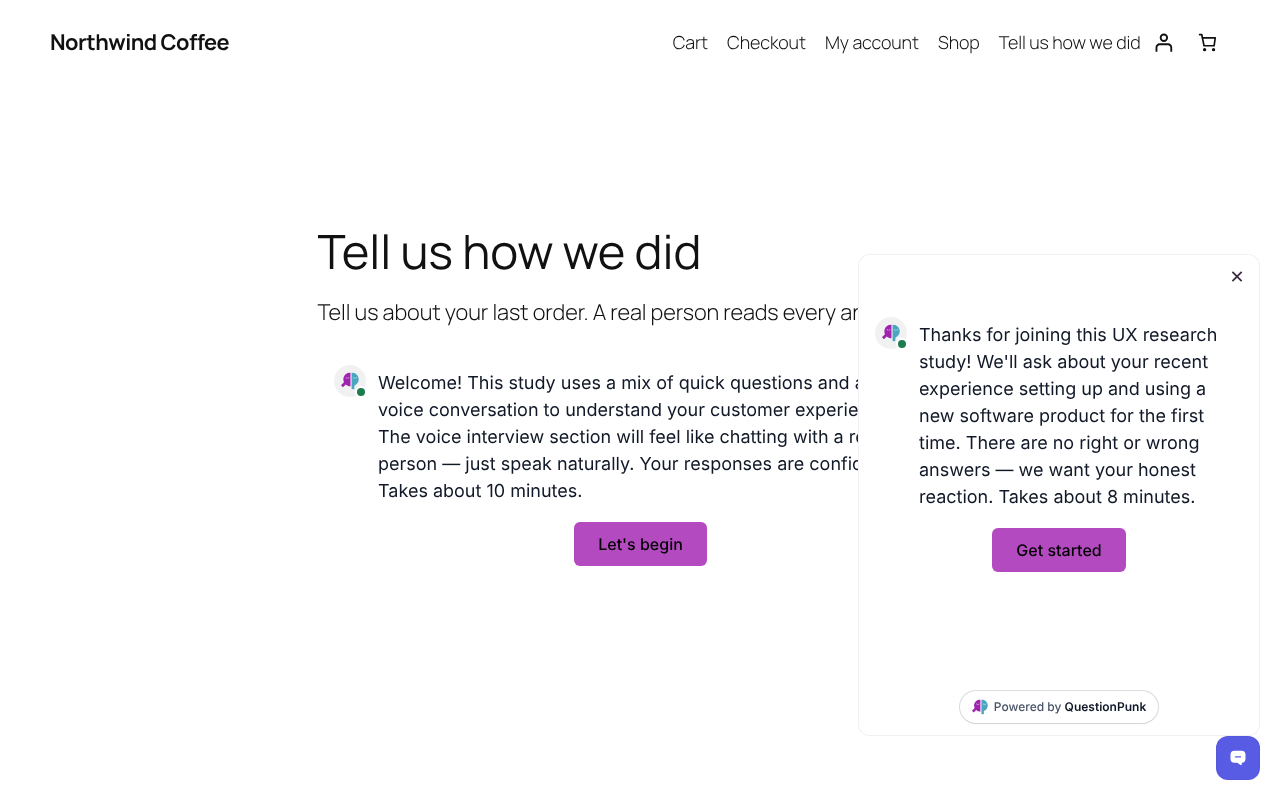 The site-wide chat button opens a survey from any page.