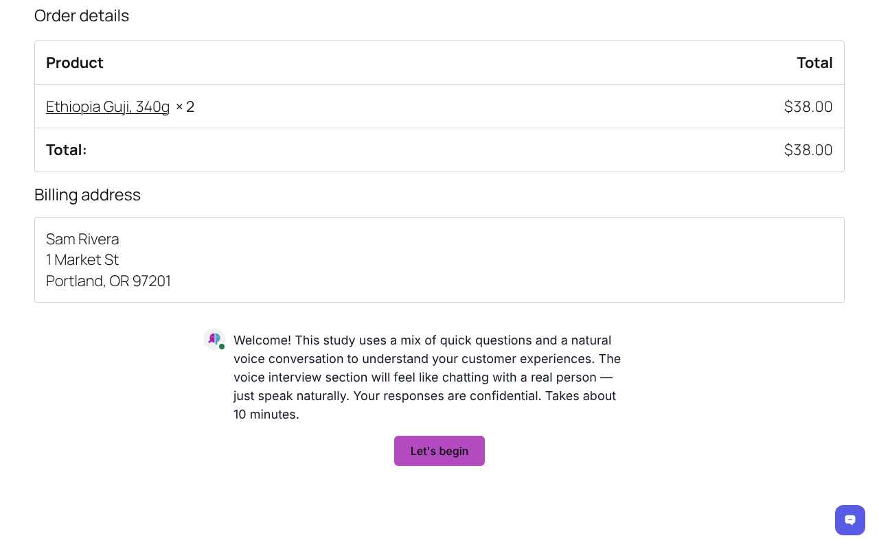 A survey on the WooCommerce order confirmation page. The order number comes with each response.