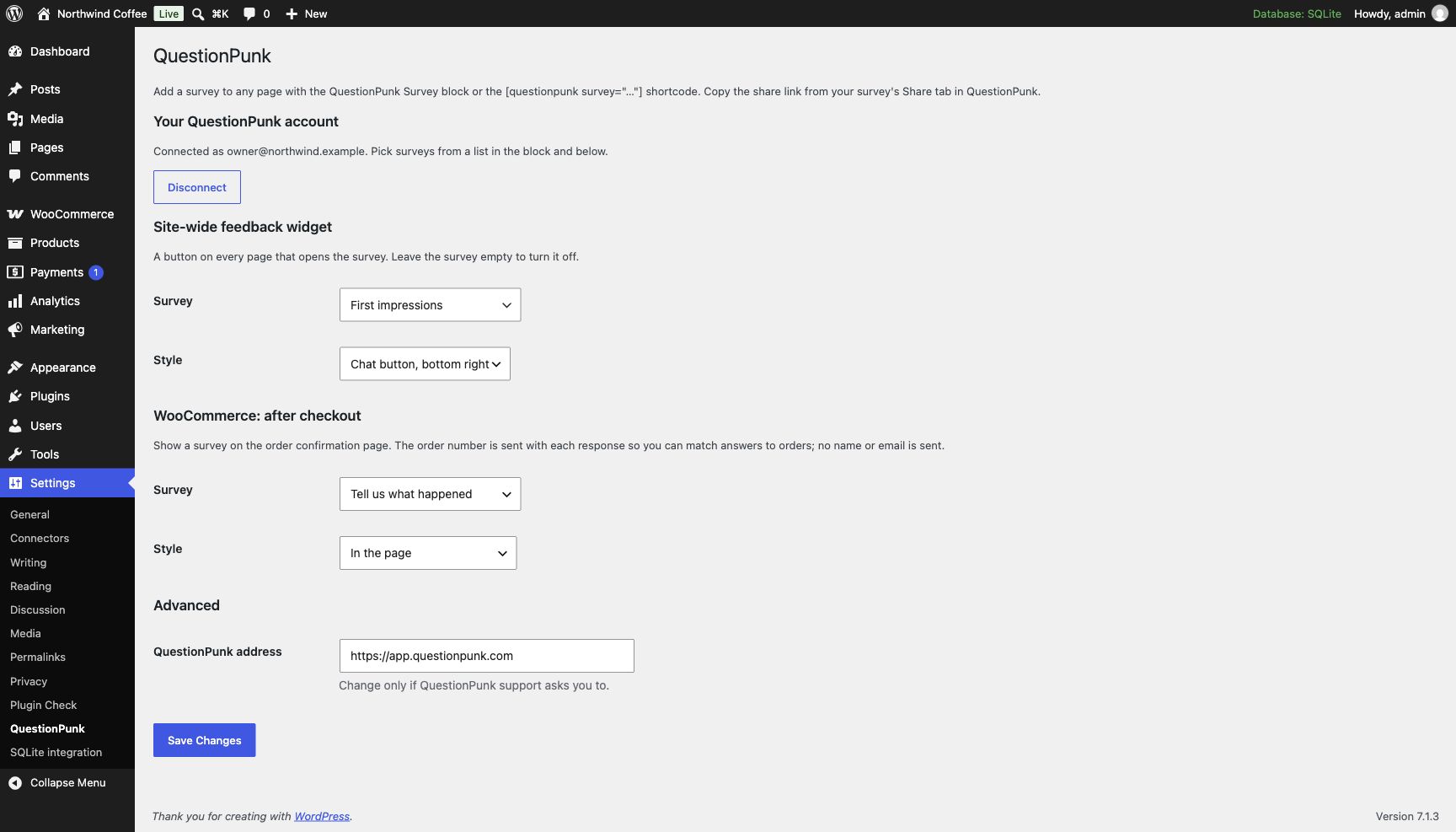 Settings → QuestionPunk: your connected account, the site-wide widget and the post-purchase survey.