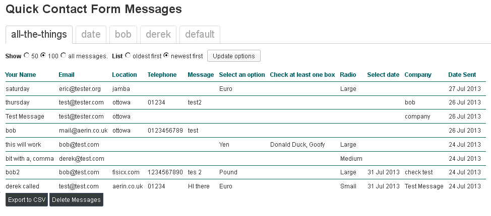 This is the messages screen (a copy of all the emails sent from the form).