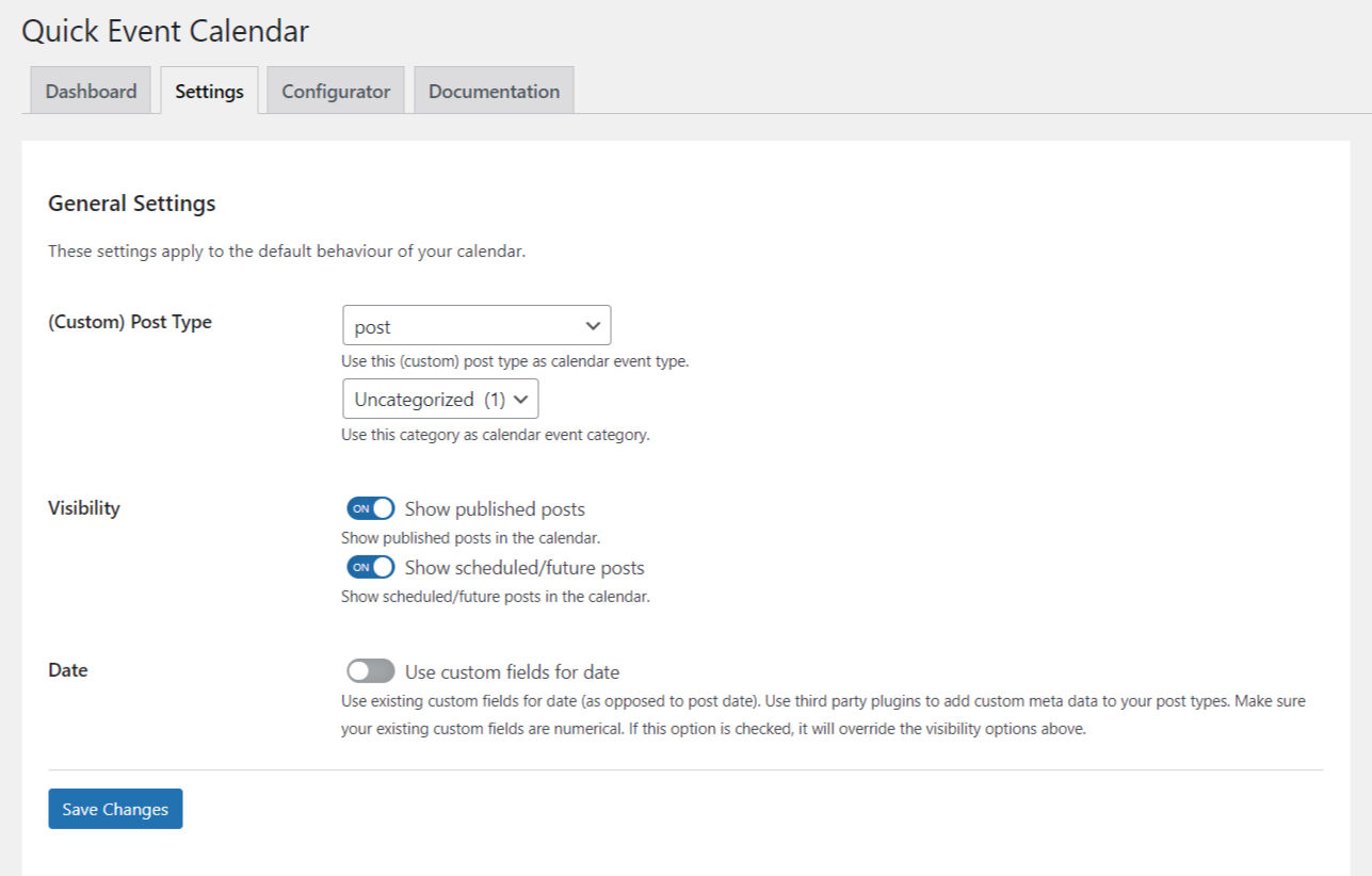 Quick Event Calendar Settings tab